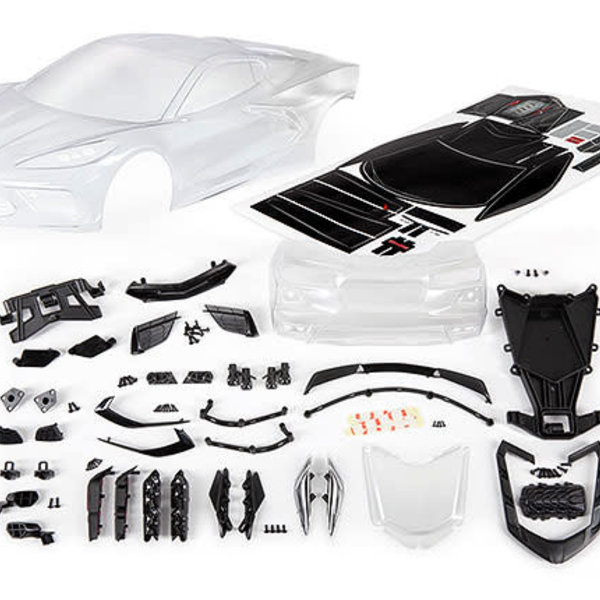 Traxxas Body, Chevrolet Corvette Stingray (clear, trimmed, requires painting)/ decal sheet (includes side mirrors, spoiler, grilles, vents, hardware, & clipless mounting)