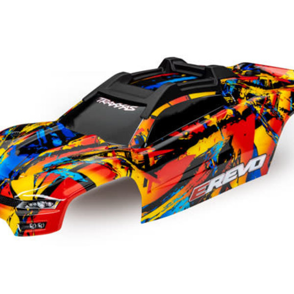 Traxxas Body, E-Revo®, Solar Flare (painted, decals applied) (assembled with front & rear body mounts and rear body support for clipless mounting)