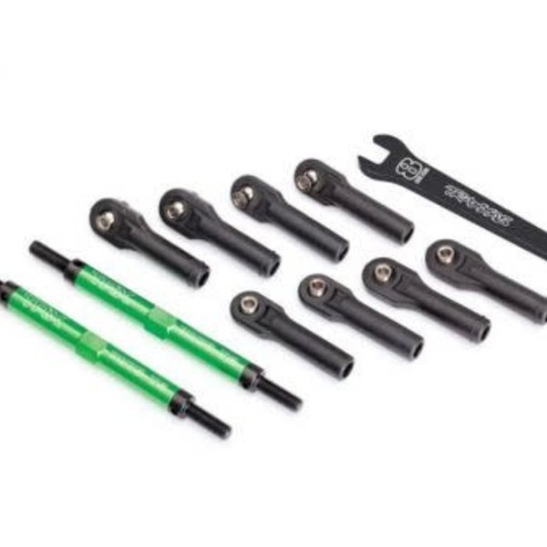 Traxxas Toe links, E-Revo VXL (TUBES green-anodized, 7075-T6 aluminum, stronger than titanium) (144mm) (2)/ rod ends, assembled with steel hollow balls (8)/ aluminum wrench, 10mm (1)