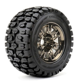 ROAPEX Tracker 1/8 Monster Truck Tires Mounted on Black Wheels, 1/2" Offset, 17mm Hex (1 pair)