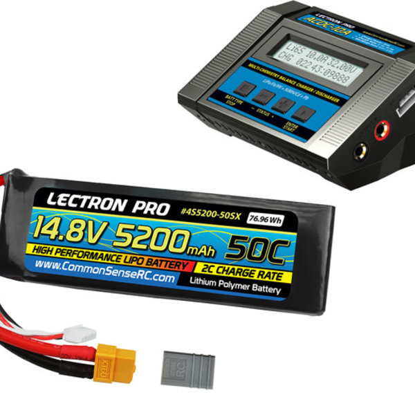 Lectron Pro Power Pack #53 - ACDC-10A Charger + 1 x 14.8V 5200mah 50C Soft Pack w/ XT60 + Adapter (#4S5200-50SX)