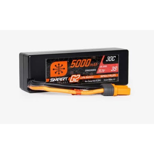 Spectrum 11.1V 5000mAh 3S 30C Smart G2 Hardcase LiPo Battery: IC5 Pilots and drivers enjoy more Smart benefits with Spektrum™ Smart G2 30C LiPos. Not only are charging parameters and performance data stored and uploaded automatically to Smart chargers, but no bala