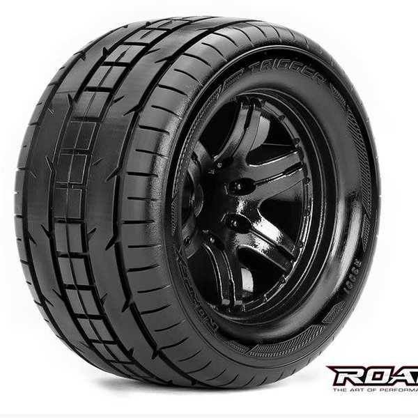 ROPEX Trigger 1/10 Monster Truck Tires, Mounted on Black Wheels, 1/2 Offset, 12mm Hex (1 pair)