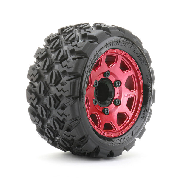 JKO JKO2702CRMSGNB4  1/10 ST 2.8 EX-King Cobra Tires Mounted on Metal Red Claw Rims, Medium Soft, Glued, 17mm for Pro-MT