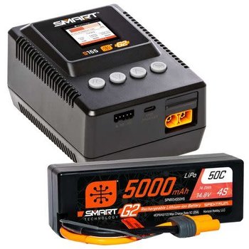 Spectrum SPMXPSS400    smart Powerstage Surface Bundle: 5000mAh 4S LiPo Battery / S155 Charger The Spektrum 4S Smart Powerstage Bundle is a one-box solution for surface vehicles requiring a 4S LiPo Battery.