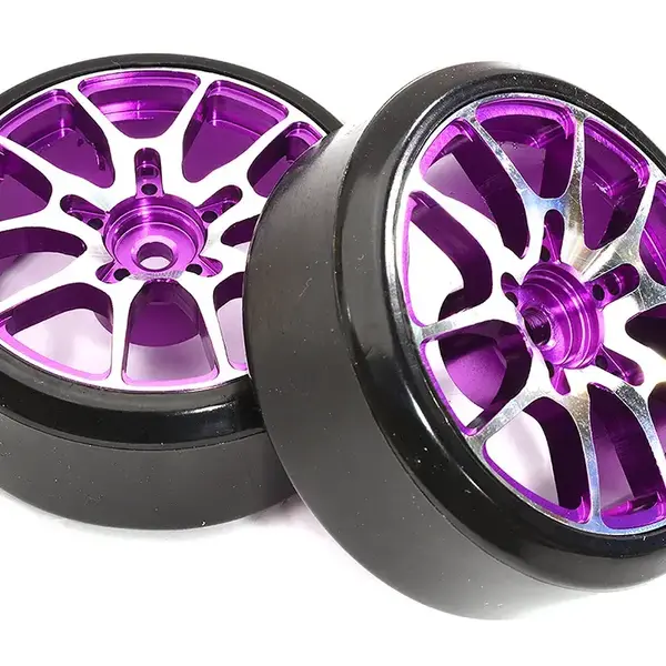 Integy Alloy Machined 10 Spoke Wheels & Tires Set (2) for 1/10 Drift W=26mm C32834PURPLE