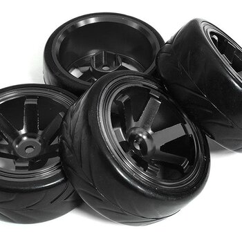 Integy 6 Spoke Complete Wheel & Tire Set (4) for Drift Racing (O.D.=62mm) C31347BLACK