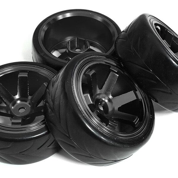 Integy 6 Spoke Complete Wheel & Tire Set (4) for Drift Racing (O.D.=62mm) C31347BLACK