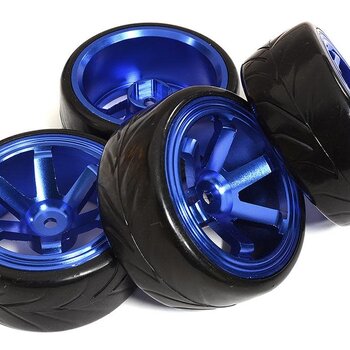 Integy 6 Spoke Complete Wheel & Tire Set (4) for Drift Racing (O.D.=62mm) C31347BLUE