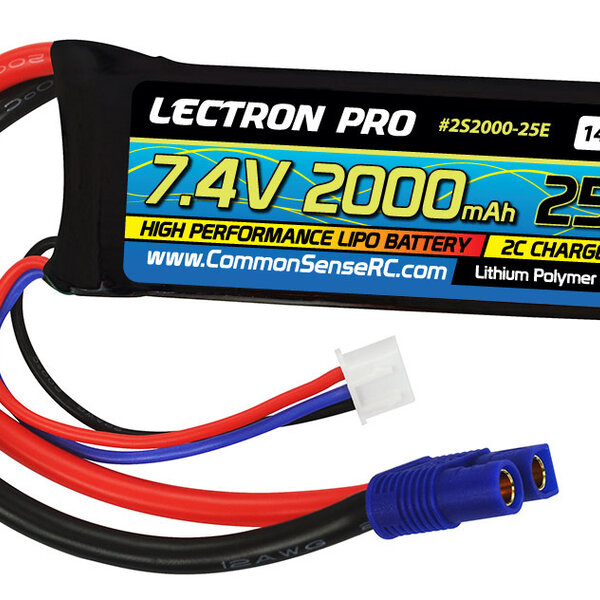Commonsence RC Lectron Pro 7.4V 2000mAh 25C Lipo Battery with EC3 Connector for 1/16 & 1/18 Scale Cars & Trucks