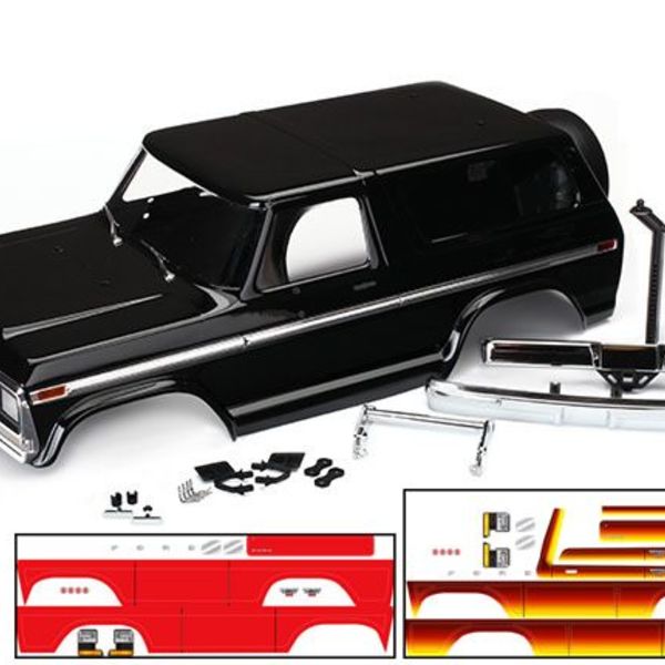 Traxxas 8010X - Body, Ford Bronco, complete (black) (includes front and rear bumpers, push bar, rear body mount, grill, side mirrors, door handles, windshield wipers, spare tire mount, red and sunset decals) (requires #8072 inner fenders)