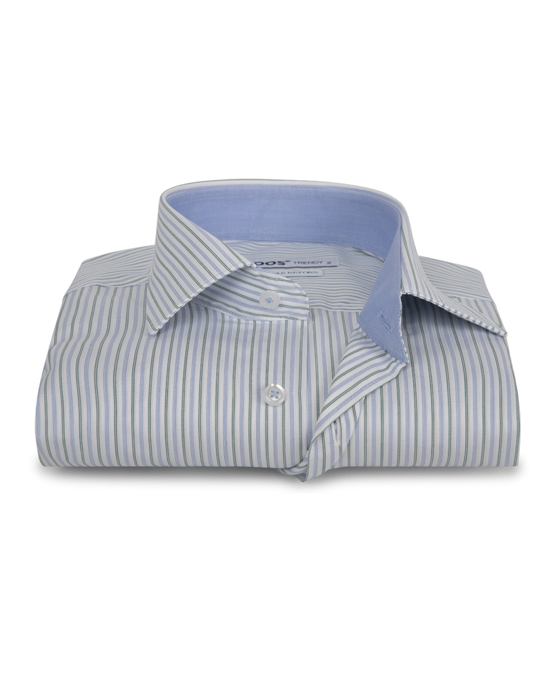 XOOS Men's blue and green striped fitted dress shirt with French cuffs  (Double Twisted)