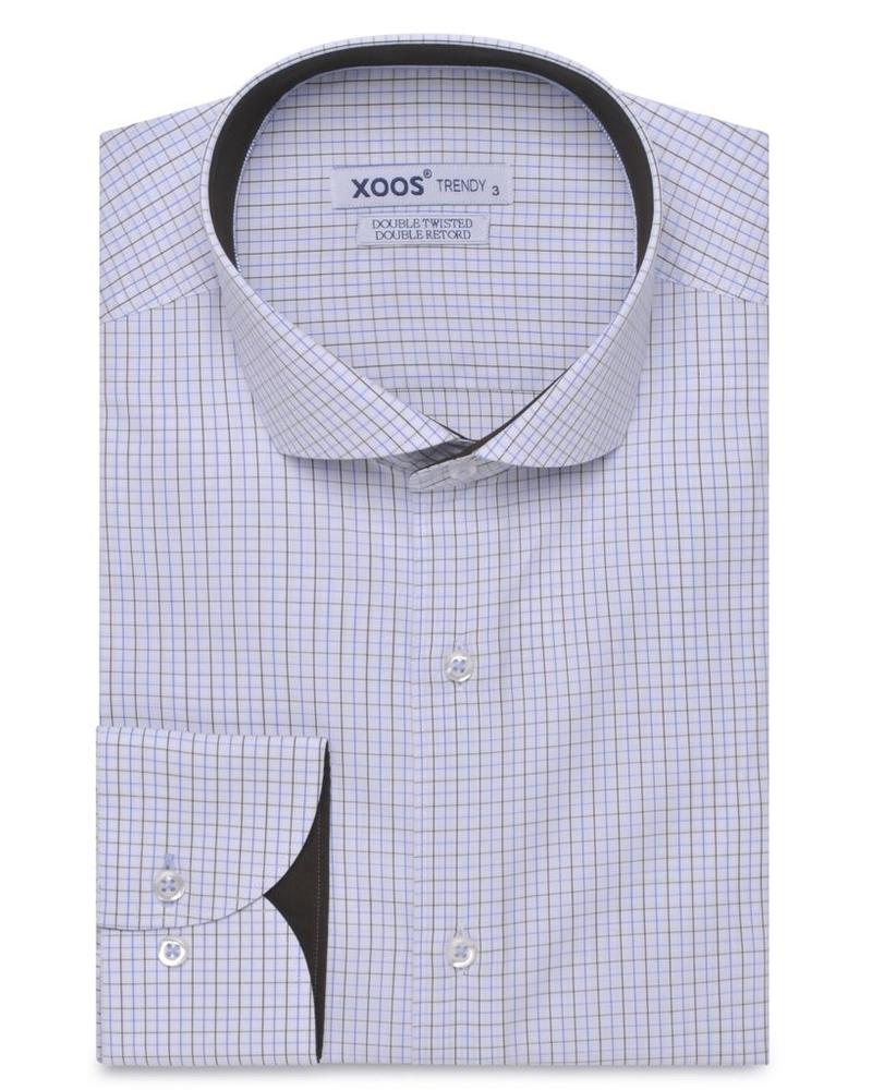XOOS CLASSIC FIT Blue checkered full cutaway collar shirt (Double Twisted cotton)