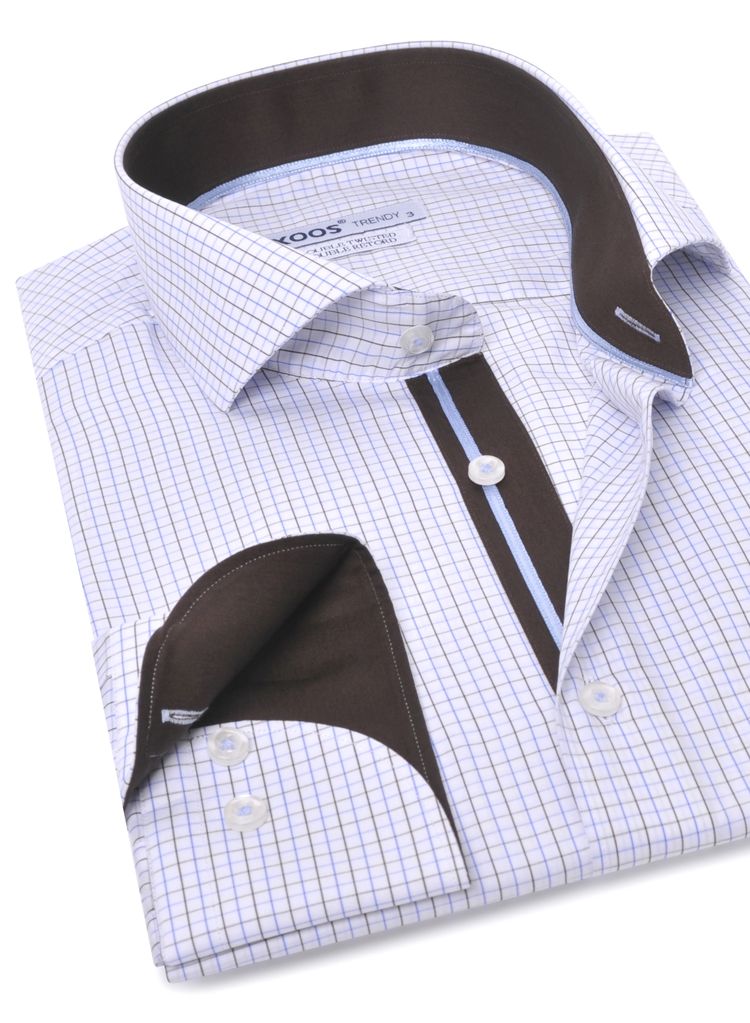 CLASSIC FIT Blue checkered full cutaway collar shirt (Double Twisted cotton)  