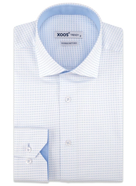 XOOS Men's light blue checkered dress shirt blue lining (Double Twisted)