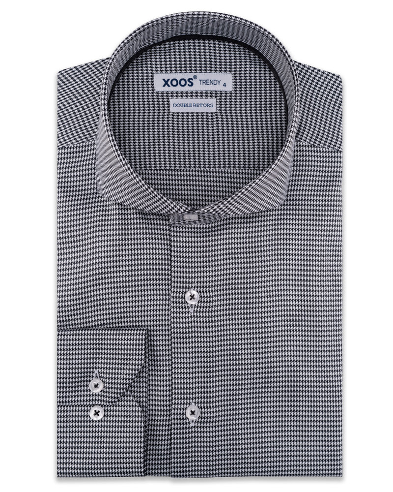 XOOS Men's black houndstooth CLASSIC-FIT Full Spread collar dress shirt (Double Twisted)