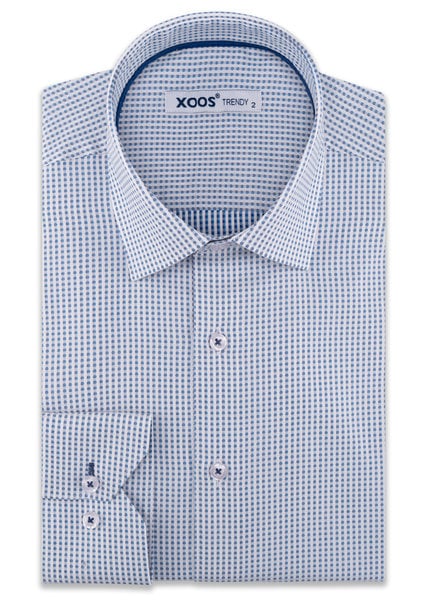 XOOS Men's blue woven patterned fitted dress shirt with navy braid