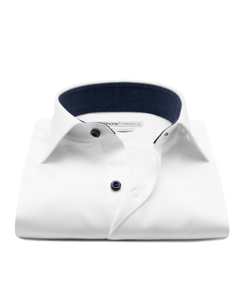XOOS Men's white french cuffs dress shirt navy micro polka dots lining
