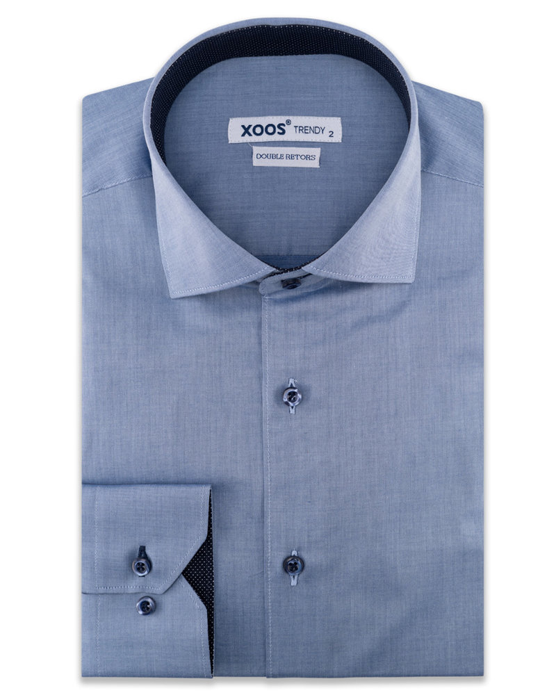 XOOS Men's dark blue gabardeen dress shirt and navy polka dots lining (Double Twisted)