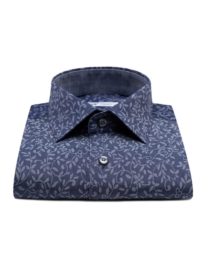 XOOS Men's denim blue dress shirt with floral prints