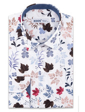 XOOS Men's white fitted dress shirt with floral body patterns and navy lining