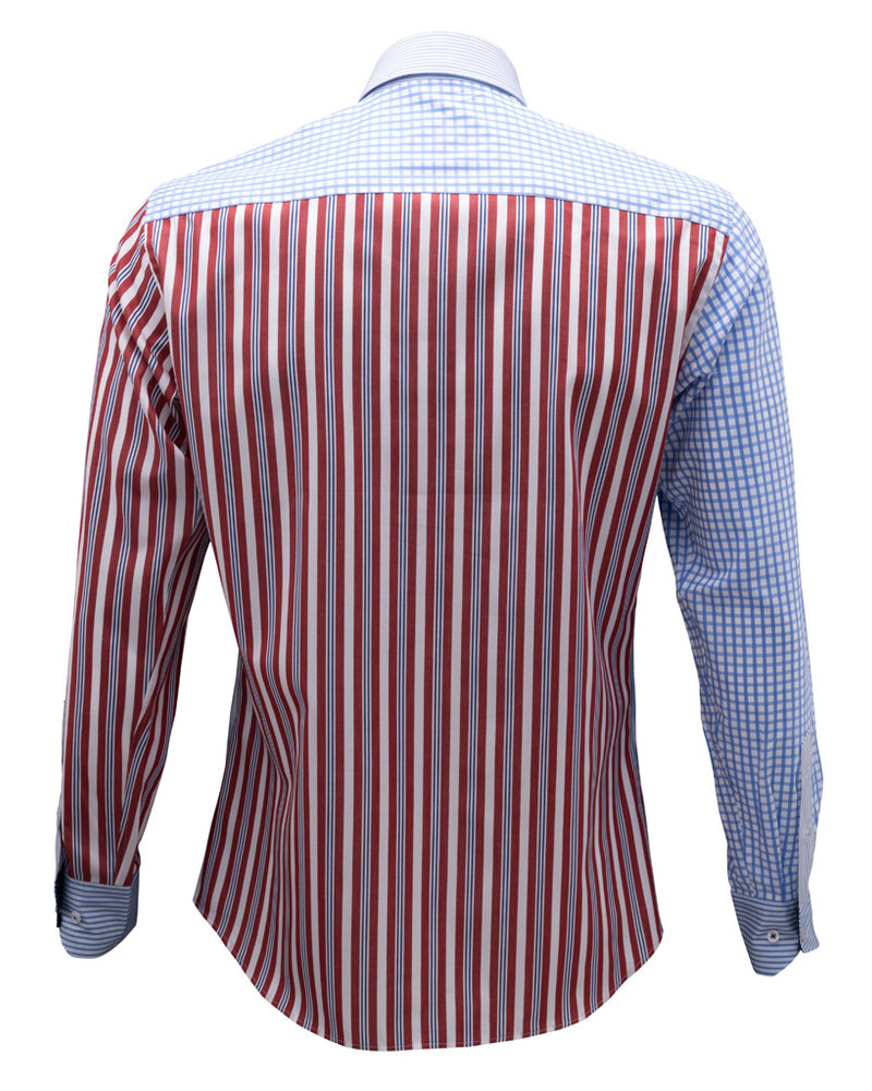 XOOS Men's blue striped and checkered patchwork shirt