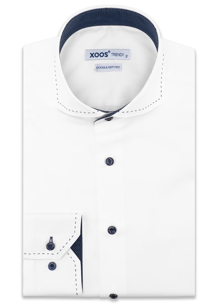 XOOS Men's white dress shirt topstitched Full Spread collar and navy polka dots lining (Double Twisted)