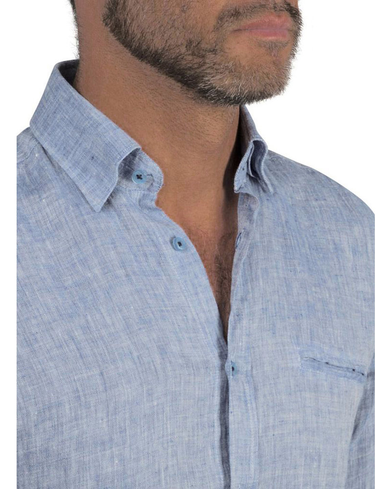 XOOS Men's fitted light blue linen shirt with navy braid
