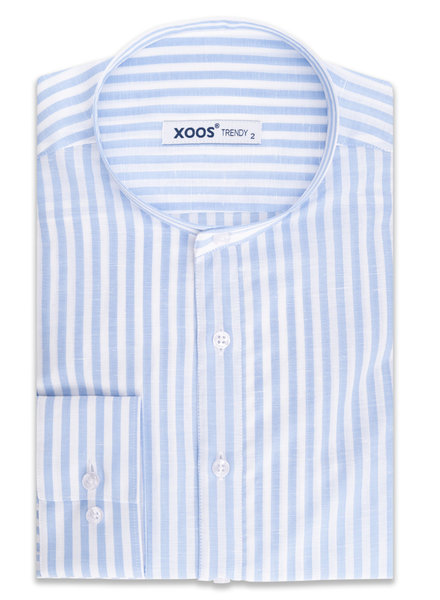 XOOS Men's linen blue striped dress shirt with officer collar