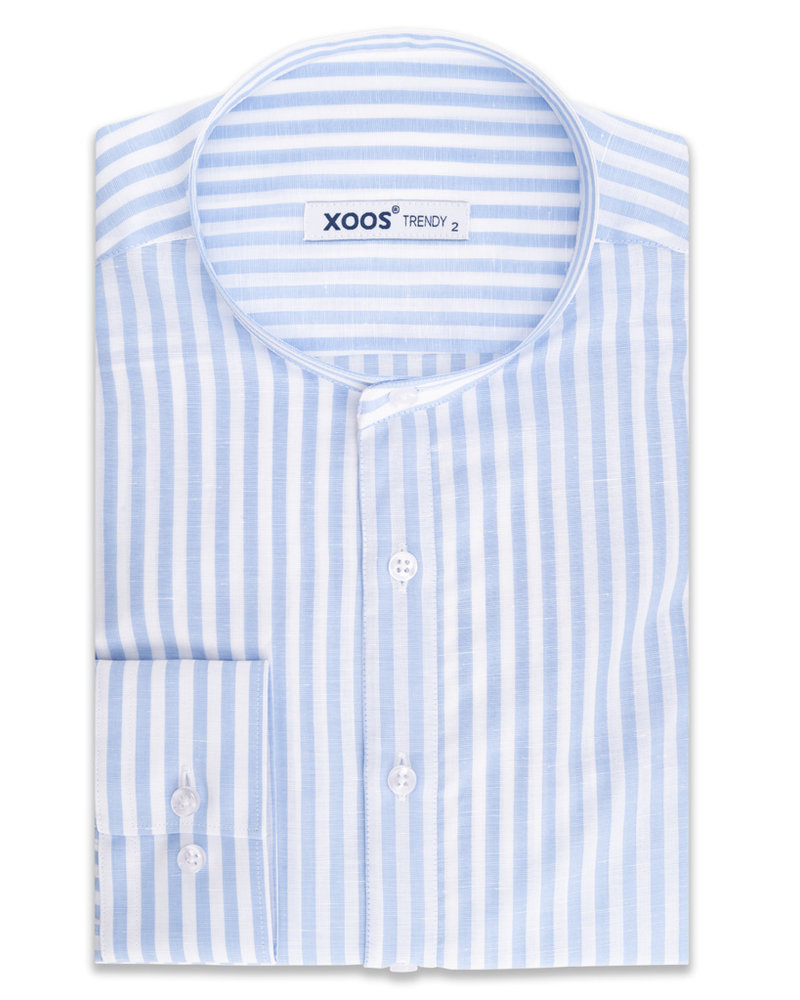 XOOS Men's linen blue striped dress shirt with officer collar