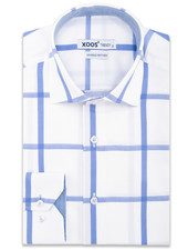 XOOS Men's white fitted dress shirt with large blue checks (Double Twisted)