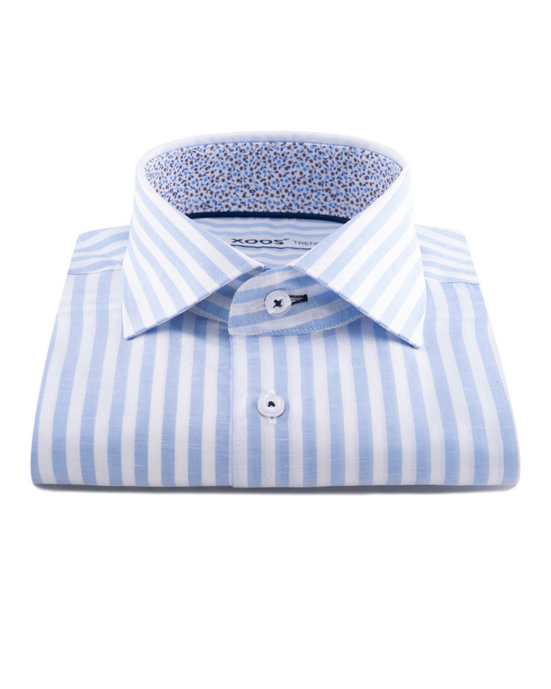 XOOS Men's blue striped dress shirt with floral lining