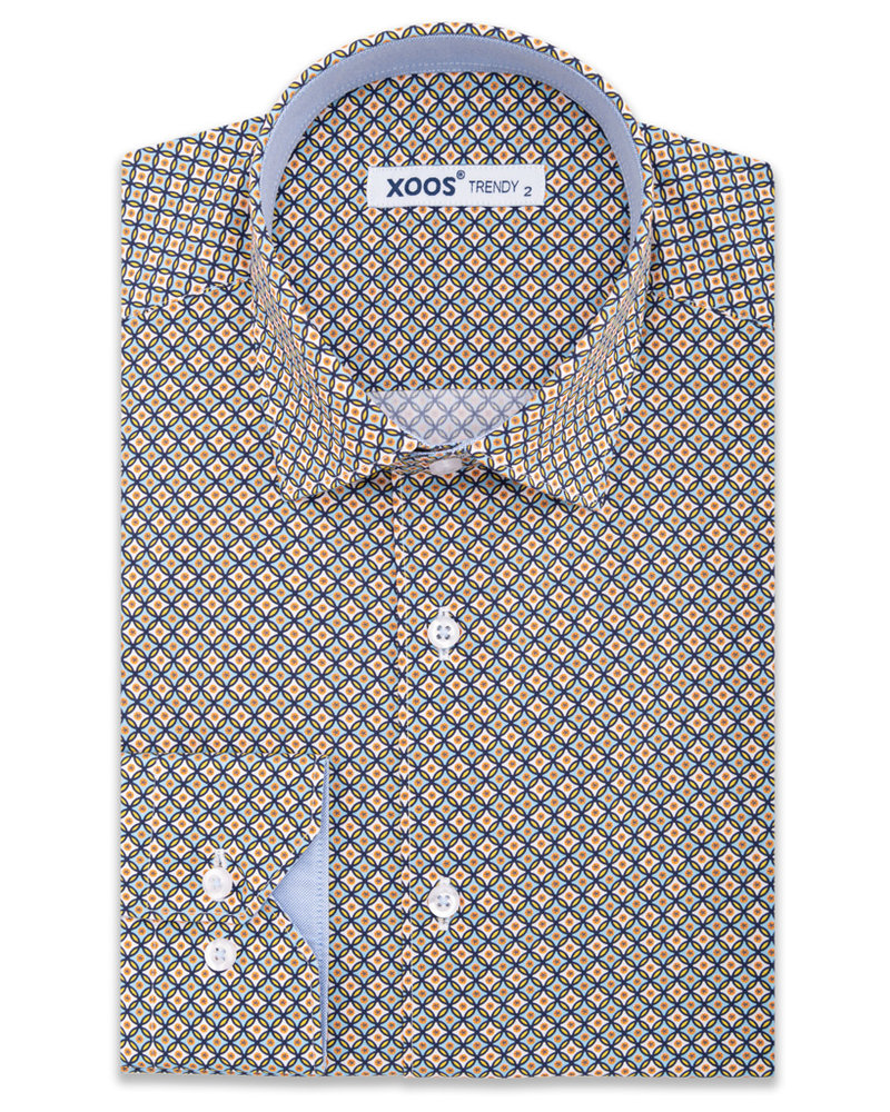 XOOS Men's beige seventies prints dress shirt light blue collar lining