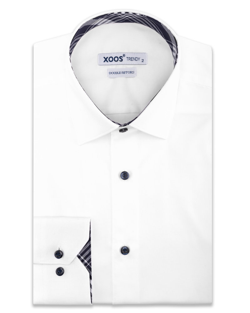 XOOS Men's white gabardeen elbowpaded fitted dress shirt and tartan lining (Double Twisted)