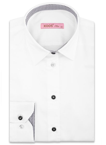 XOOS WOMEN'S white shirt with gray patterned lining and colored buttons