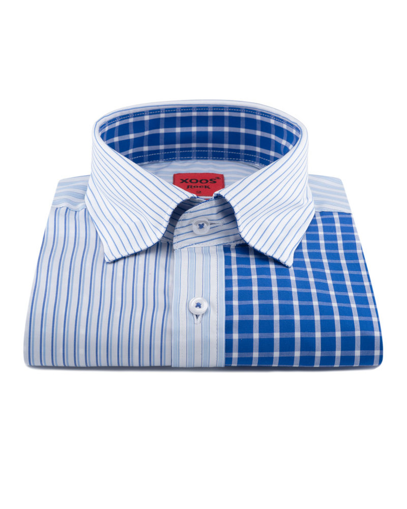 XOOS Men's blue striped and checkered patchwork shirt (Double twisted)