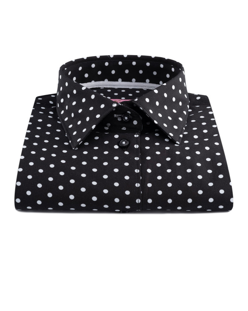 XOOS WOMEN'S black dress shirt with white polka dots