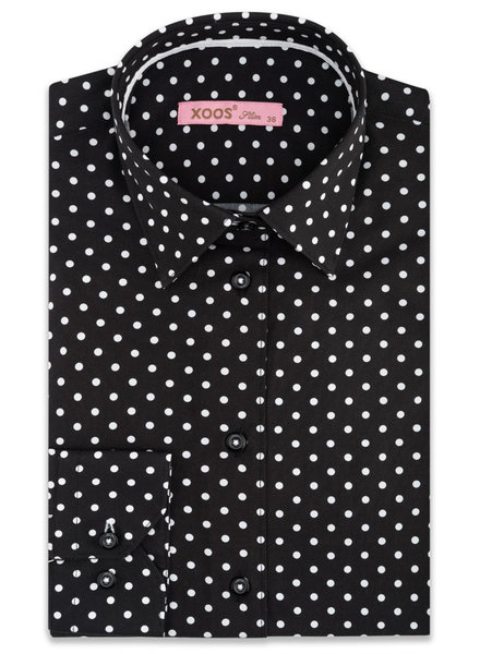 XOOS WOMEN'S black dress shirt with white polka dots
