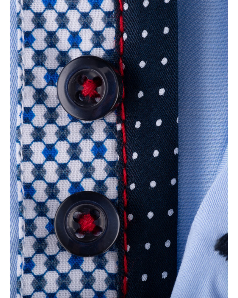 XOOS Men's blue double chest buttons dress shirt with navy polka dots and patterned lining