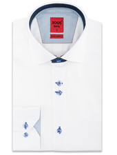 XOOS Men's white double chest buttons dress shirt navy and blue lining
