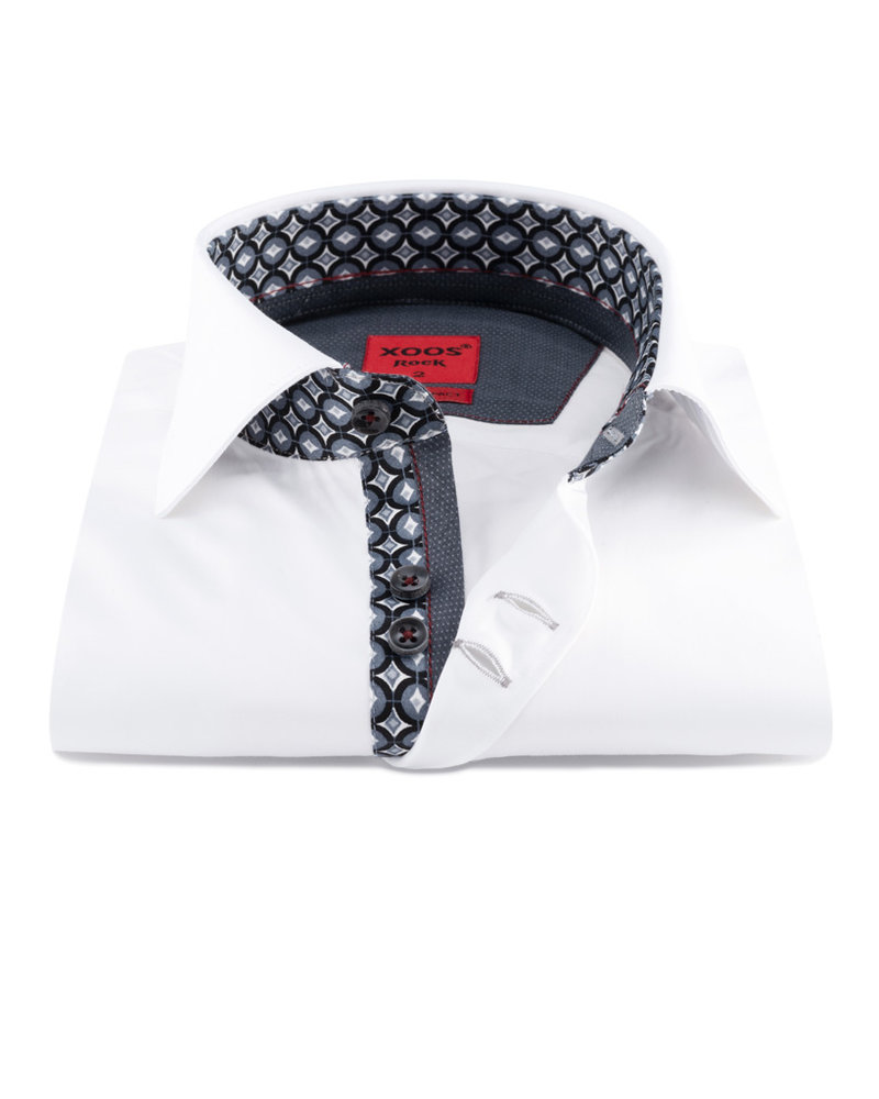 XOOS Men's white double chest buttons dress shirt gray printed lining