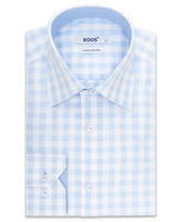XOOS Men's light blue woven checks fitted dress shirt with light blue lining (Double Twisted)