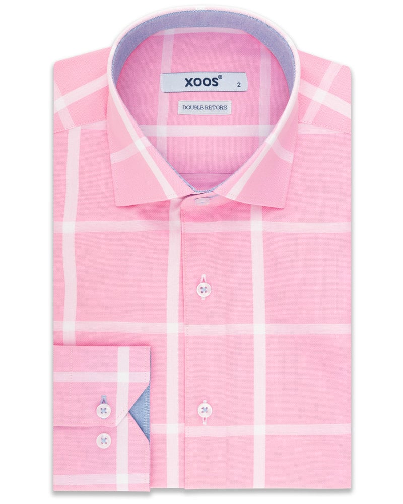 XOOS Chemise homme rose pâle à carreaux fenêtre doublure chambray (Double Retors)