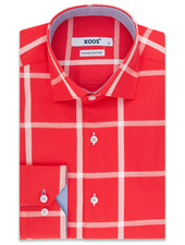 XOOS Men's red fitted dress shirt with large checks and chambray lining (Double Twisted)