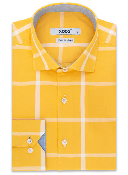 XOOS Men's yellow fitted dress shirt with large checks and chambray lining (Double Twisted)