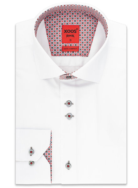 XOOS Men's white double chest buttons dress shirt red printed lining