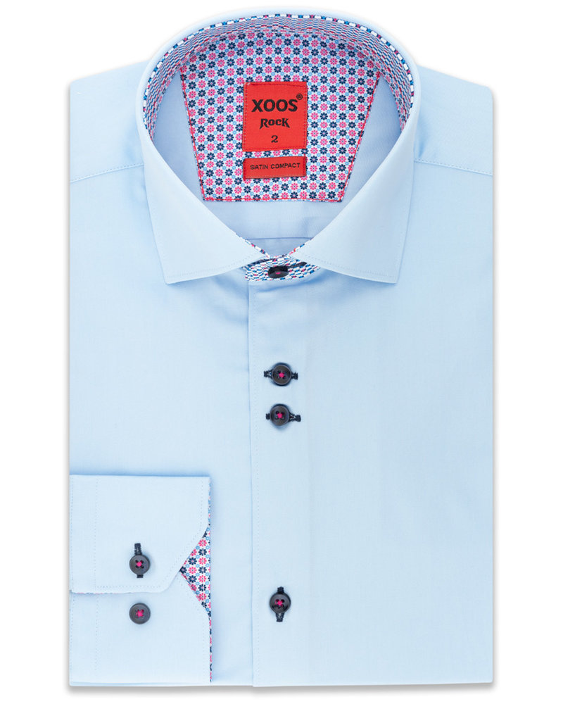 XOOS Men's blue double chest buttons dress shirt with pink printed patterned lining