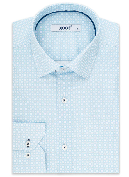XOOS Men's light blue prints dress shirt navy blue collar braid