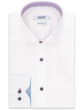 XOOS Men's white dress shirt blue and pink patterned lining and colored buttons (Double Twisted)