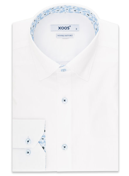 XOOS Men's white gabardeen elbowpaded fitted shirt and floral printed lining (Double Twisted)